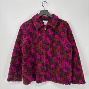 Breckenridge Womens Floral Textured Sherpa Jacket Medium Pink Brown Zip Front